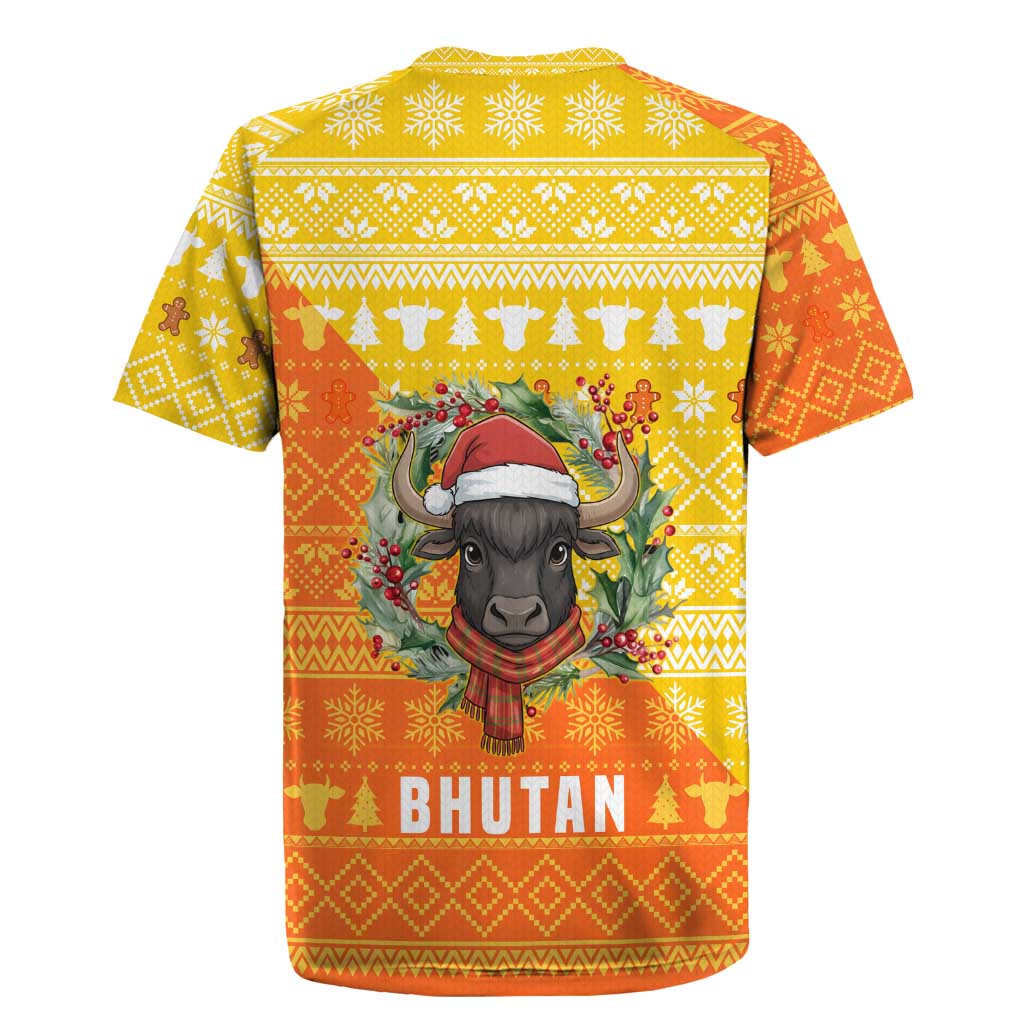 Bhutan Christmas Rugby Jersey with Takin Reindeer Antlers Santa Hat and Yellow Orange Holiday Pattern - Wonder Print Shop