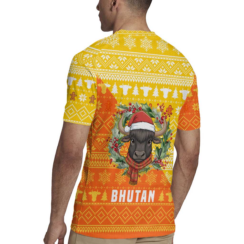 Bhutan Christmas Rugby Jersey with Takin Reindeer Antlers Santa Hat and Yellow Orange Holiday Pattern - Wonder Print Shop
