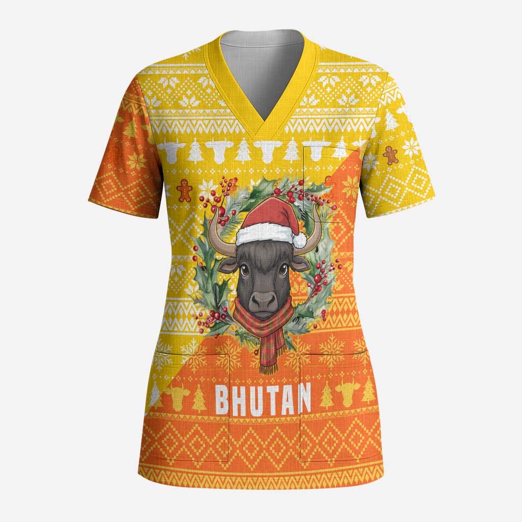Bhutan Christmas Scrub Top with Takin Reindeer Antlers Santa Hat and Yellow Orange Holiday Pattern - Wonder Print Shop