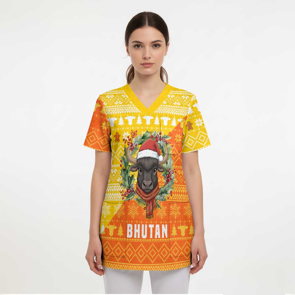 Bhutan Christmas Scrub Top with Takin Reindeer Antlers Santa Hat and Yellow Orange Holiday Pattern - Wonder Print Shop