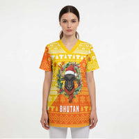 Bhutan Christmas Scrub Top with Takin Reindeer Antlers Santa Hat and Yellow Orange Holiday Pattern - Wonder Print Shop