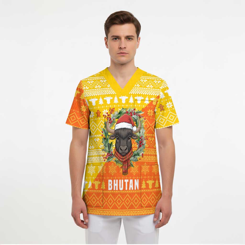 Bhutan Christmas Scrub Top with Takin Reindeer Antlers Santa Hat and Yellow Orange Holiday Pattern - Wonder Print Shop