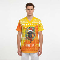 Bhutan Christmas Scrub Top with Takin Reindeer Antlers Santa Hat and Yellow Orange Holiday Pattern - Wonder Print Shop