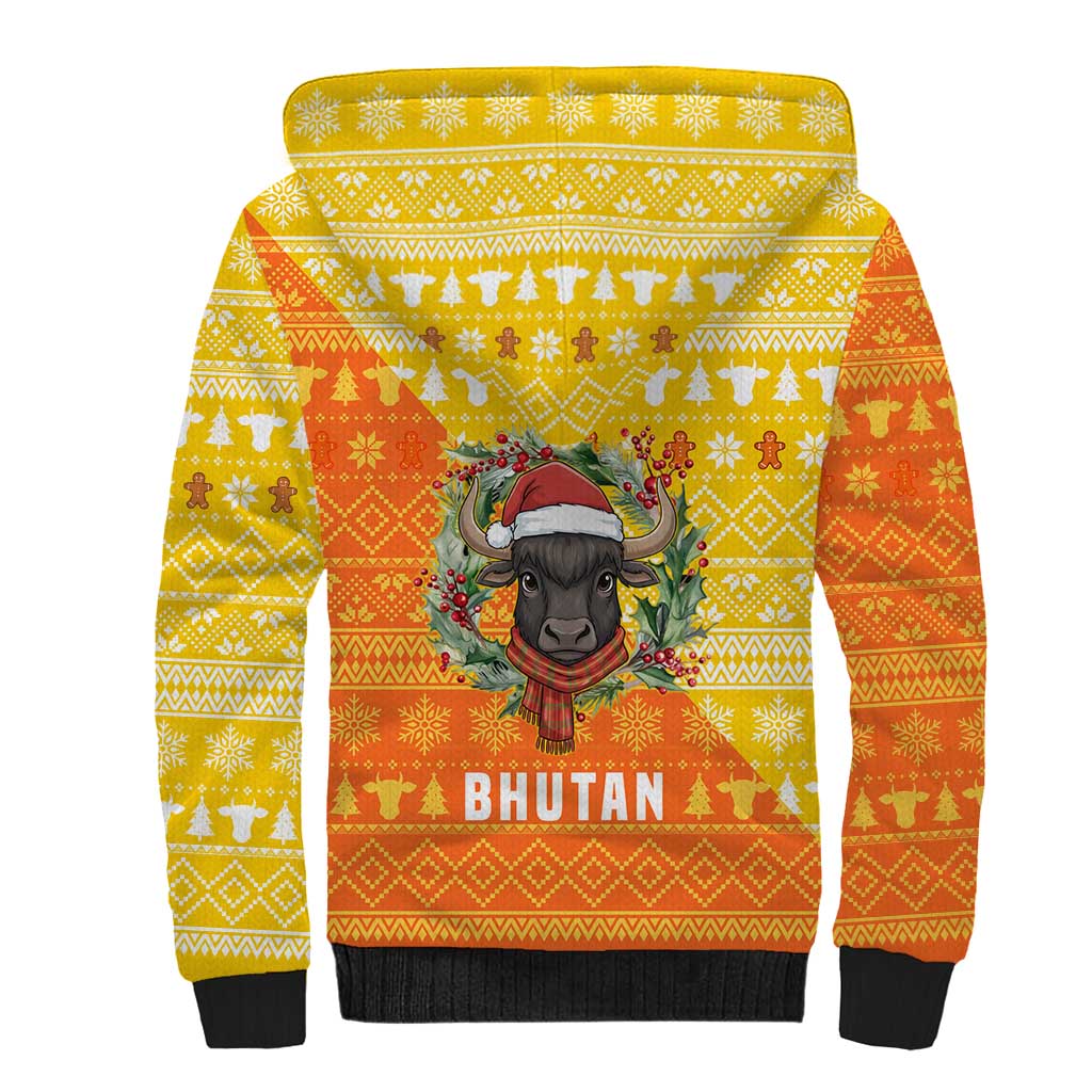 Bhutan Christmas Sherpa Hoodie with Takin Reindeer Antlers Santa Hat and Yellow Orange Holiday Pattern - Wonder Print Shop