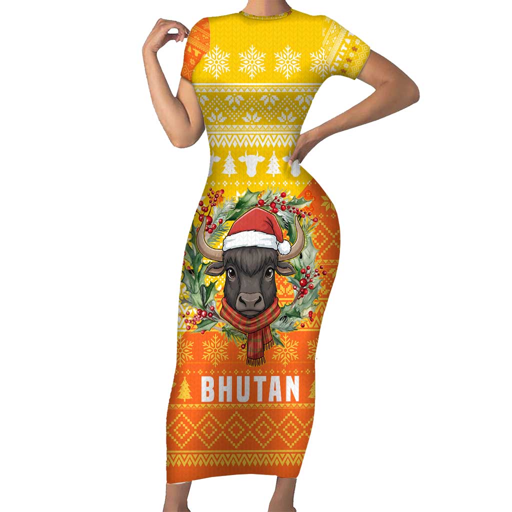 Bhutan Christmas Short Sleeve Bodycon Dress with Takin Reindeer Antlers Santa Hat and Yellow Orange Holiday Pattern - Wonder Print Shop