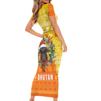 Bhutan Christmas Short Sleeve Bodycon Dress with Takin Reindeer Antlers Santa Hat and Yellow Orange Holiday Pattern - Wonder Print Shop