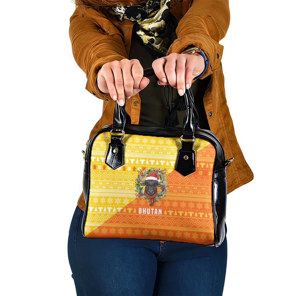 Bhutan Christmas Shoulder Handbag with Takin Reindeer Antlers Santa Hat and Yellow Orange Holiday Pattern - Wonder Print Shop