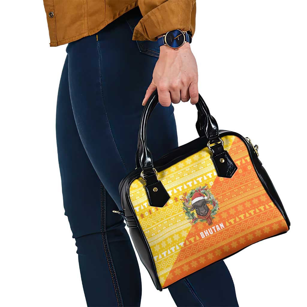 Bhutan Christmas Shoulder Handbag with Takin Reindeer Antlers Santa Hat and Yellow Orange Holiday Pattern - Wonder Print Shop