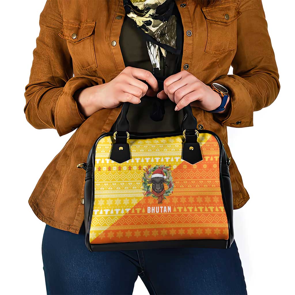 Bhutan Christmas Shoulder Handbag with Takin Reindeer Antlers Santa Hat and Yellow Orange Holiday Pattern - Wonder Print Shop