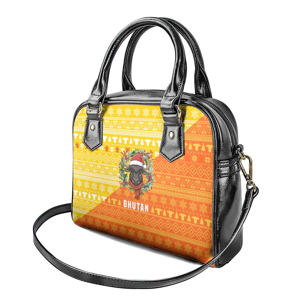Bhutan Christmas Shoulder Handbag with Takin Reindeer Antlers Santa Hat and Yellow Orange Holiday Pattern - Wonder Print Shop