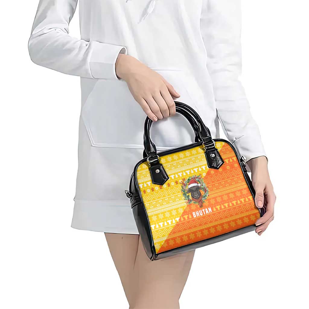 Bhutan Christmas Shoulder Handbag with Takin Reindeer Antlers Santa Hat and Yellow Orange Holiday Pattern - Wonder Print Shop