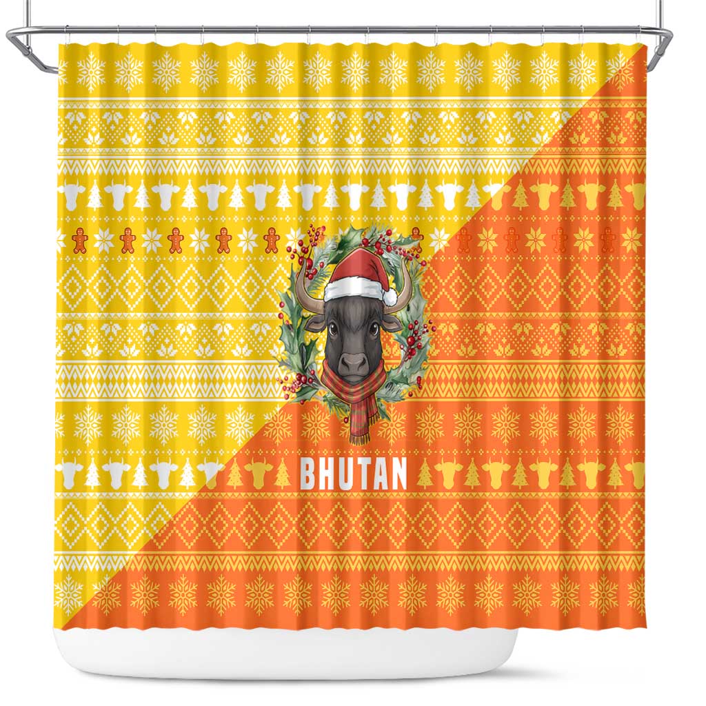 Bhutan Christmas Shower Curtain with Takin Reindeer Antlers Santa Hat and Yellow Orange Holiday Pattern - Wonder Print Shop