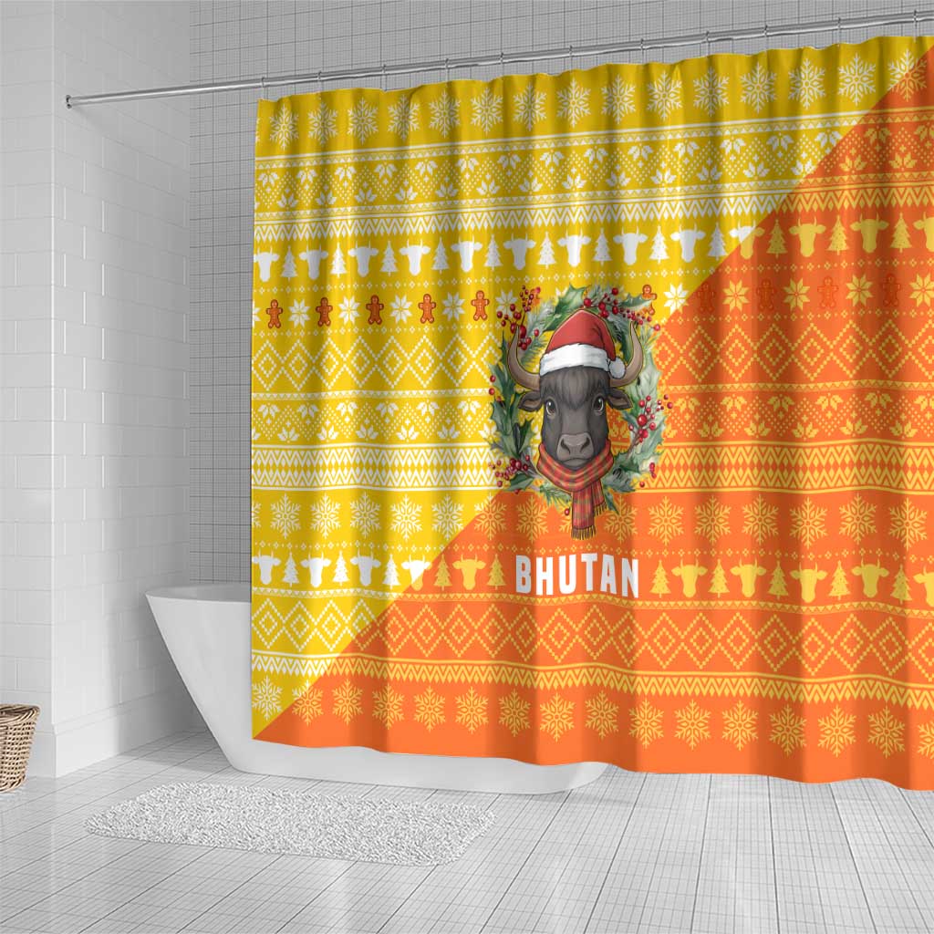 Bhutan Christmas Shower Curtain with Takin Reindeer Antlers Santa Hat and Yellow Orange Holiday Pattern - Wonder Print Shop