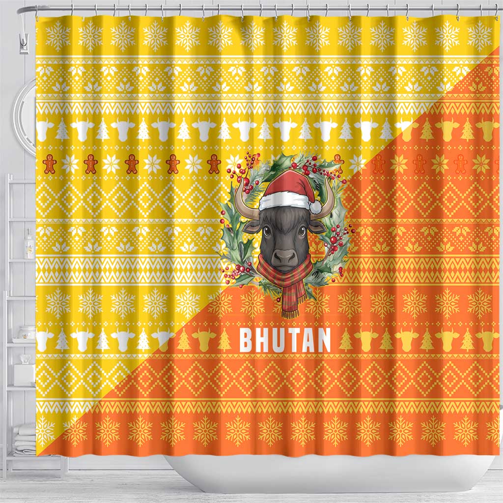 Bhutan Christmas Shower Curtain with Takin Reindeer Antlers Santa Hat and Yellow Orange Holiday Pattern - Wonder Print Shop