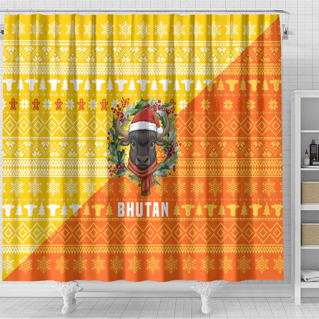 Bhutan Christmas Shower Curtain with Takin Reindeer Antlers Santa Hat and Yellow Orange Holiday Pattern - Wonder Print Shop