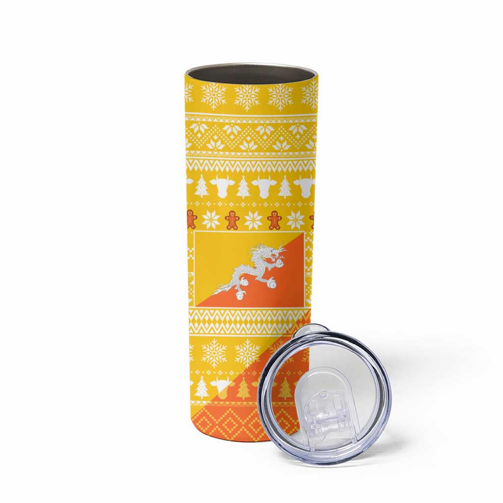 Bhutan Christmas Skinny Tumbler with Takin Reindeer Antlers Santa Hat and Yellow Orange Holiday Pattern - Wonder Print Shop