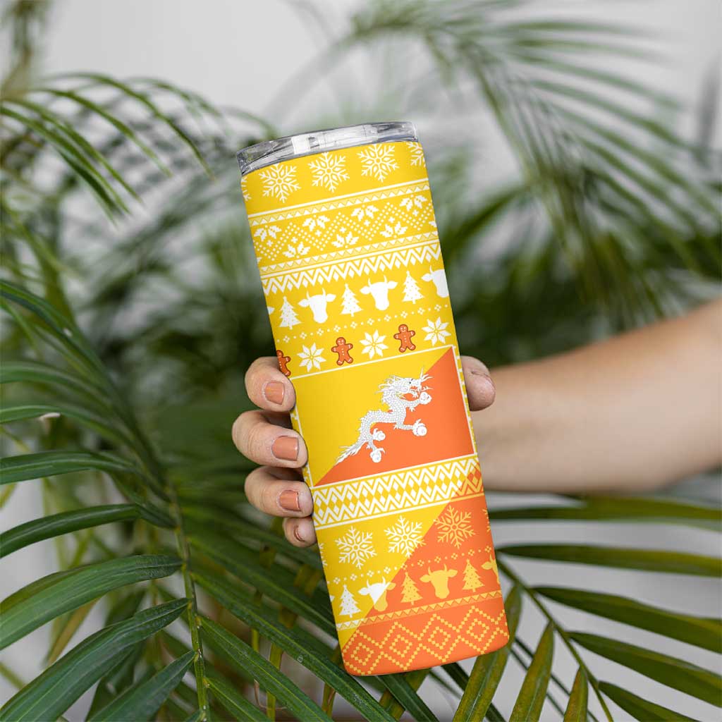 Bhutan Christmas Skinny Tumbler with Takin Reindeer Antlers Santa Hat and Yellow Orange Holiday Pattern - Wonder Print Shop