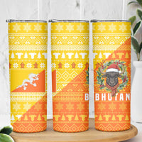 Bhutan Christmas Skinny Tumbler with Takin Reindeer Antlers Santa Hat and Yellow Orange Holiday Pattern - Wonder Print Shop