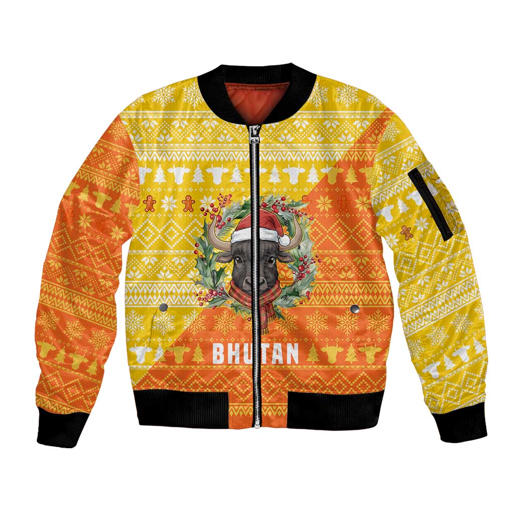Bhutan Christmas Sleeve Zip Bomber Jacket with Takin Reindeer Antlers Santa Hat and Yellow Orange Holiday Pattern - Wonder Print Shop