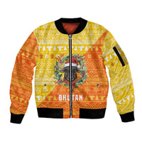 Bhutan Christmas Sleeve Zip Bomber Jacket with Takin Reindeer Antlers Santa Hat and Yellow Orange Holiday Pattern - Wonder Print Shop