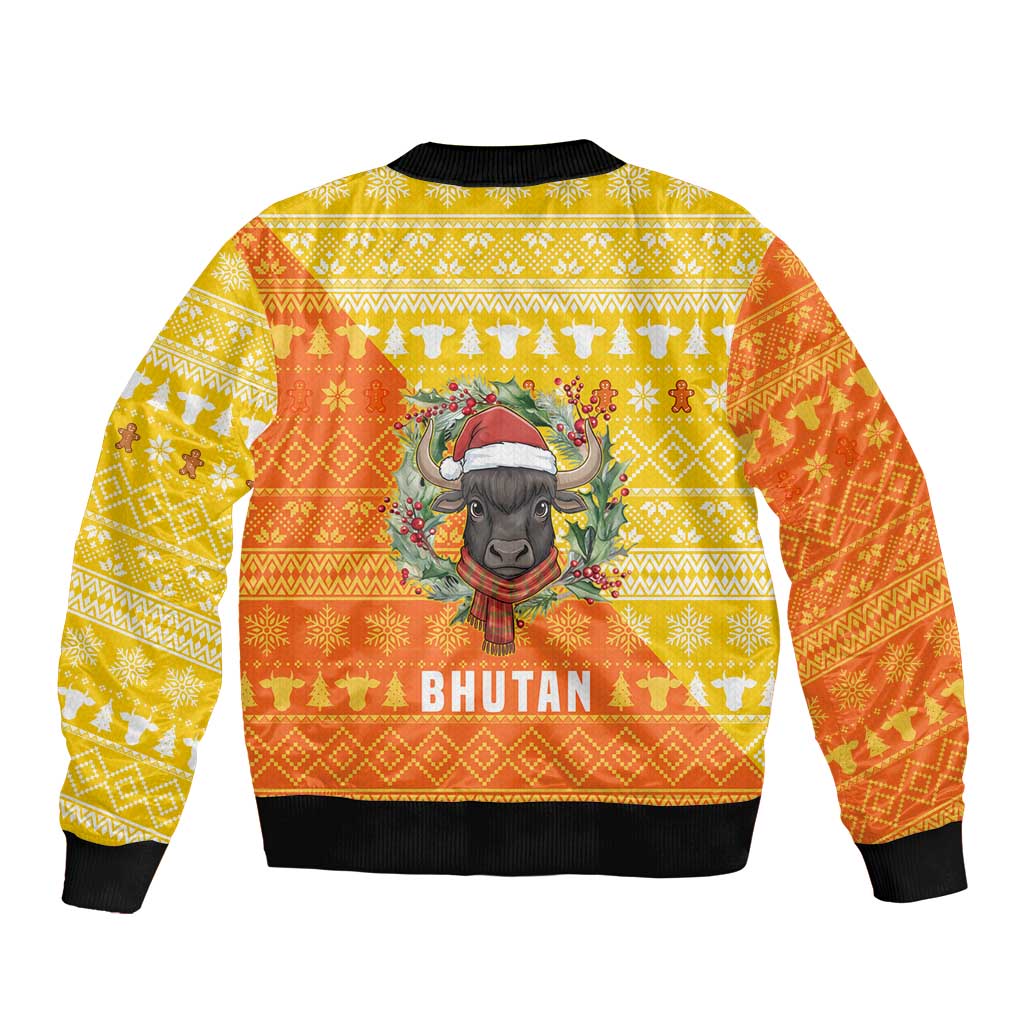 Bhutan Christmas Sleeve Zip Bomber Jacket with Takin Reindeer Antlers Santa Hat and Yellow Orange Holiday Pattern - Wonder Print Shop