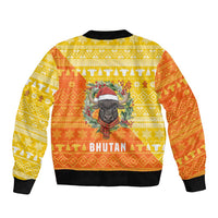 Bhutan Christmas Sleeve Zip Bomber Jacket with Takin Reindeer Antlers Santa Hat and Yellow Orange Holiday Pattern - Wonder Print Shop