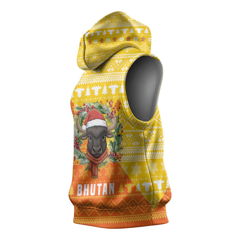 Bhutan Christmas Sleeveless Hoodie with Takin Reindeer Antlers Santa Hat and Yellow Orange Holiday Pattern - Wonder Print Shop