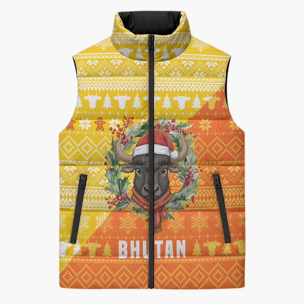 Bhutan Christmas Sleeveless Puffer Jacket with Takin Reindeer Antlers Santa Hat and Yellow Orange Holiday Pattern - Wonder Print Shop