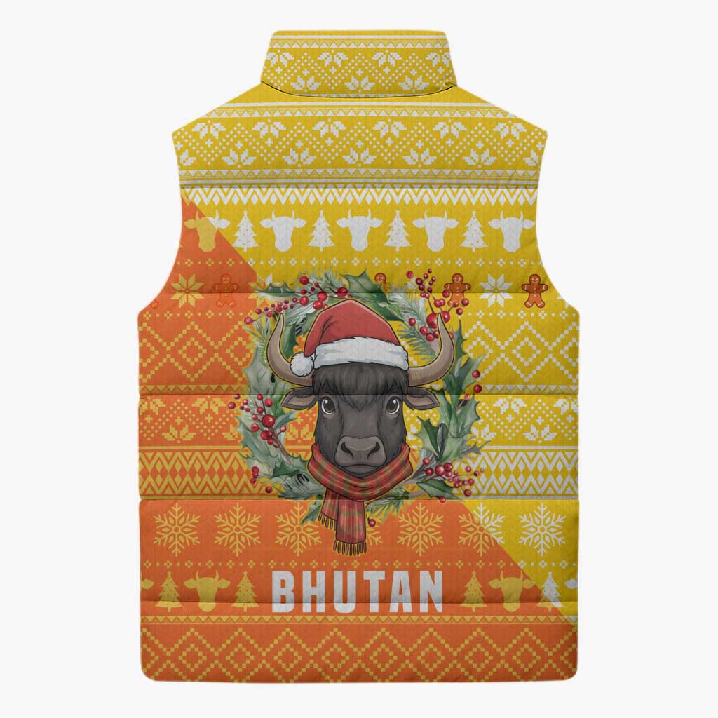Bhutan Christmas Sleeveless Puffer Jacket with Takin Reindeer Antlers Santa Hat and Yellow Orange Holiday Pattern - Wonder Print Shop