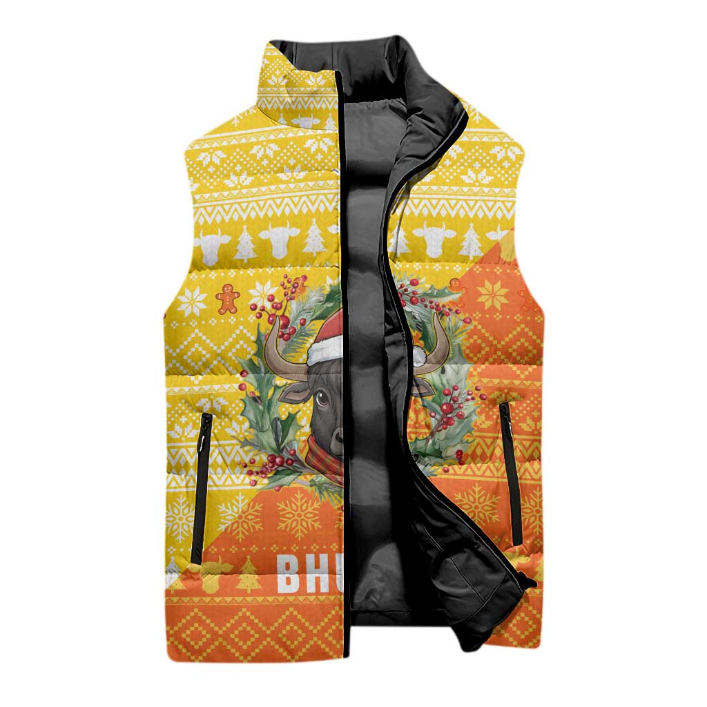 Bhutan Christmas Sleeveless Puffer Jacket with Takin Reindeer Antlers Santa Hat and Yellow Orange Holiday Pattern - Wonder Print Shop