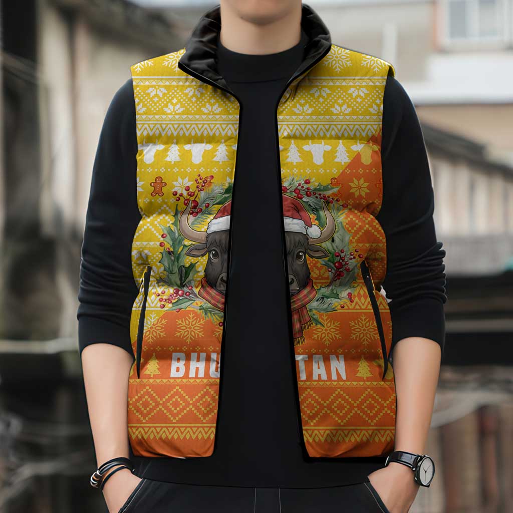 Bhutan Christmas Sleeveless Puffer Jacket with Takin Reindeer Antlers Santa Hat and Yellow Orange Holiday Pattern - Wonder Print Shop