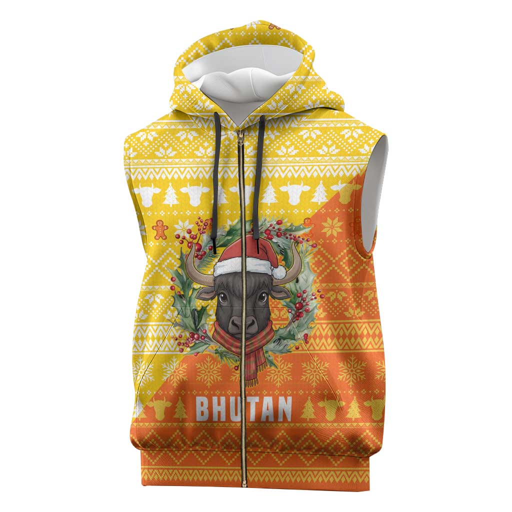 Bhutan Christmas Sleeveless Zip Hoodie with Takin Reindeer Antlers Santa Hat and Yellow Orange Holiday Pattern - Wonder Print Shop