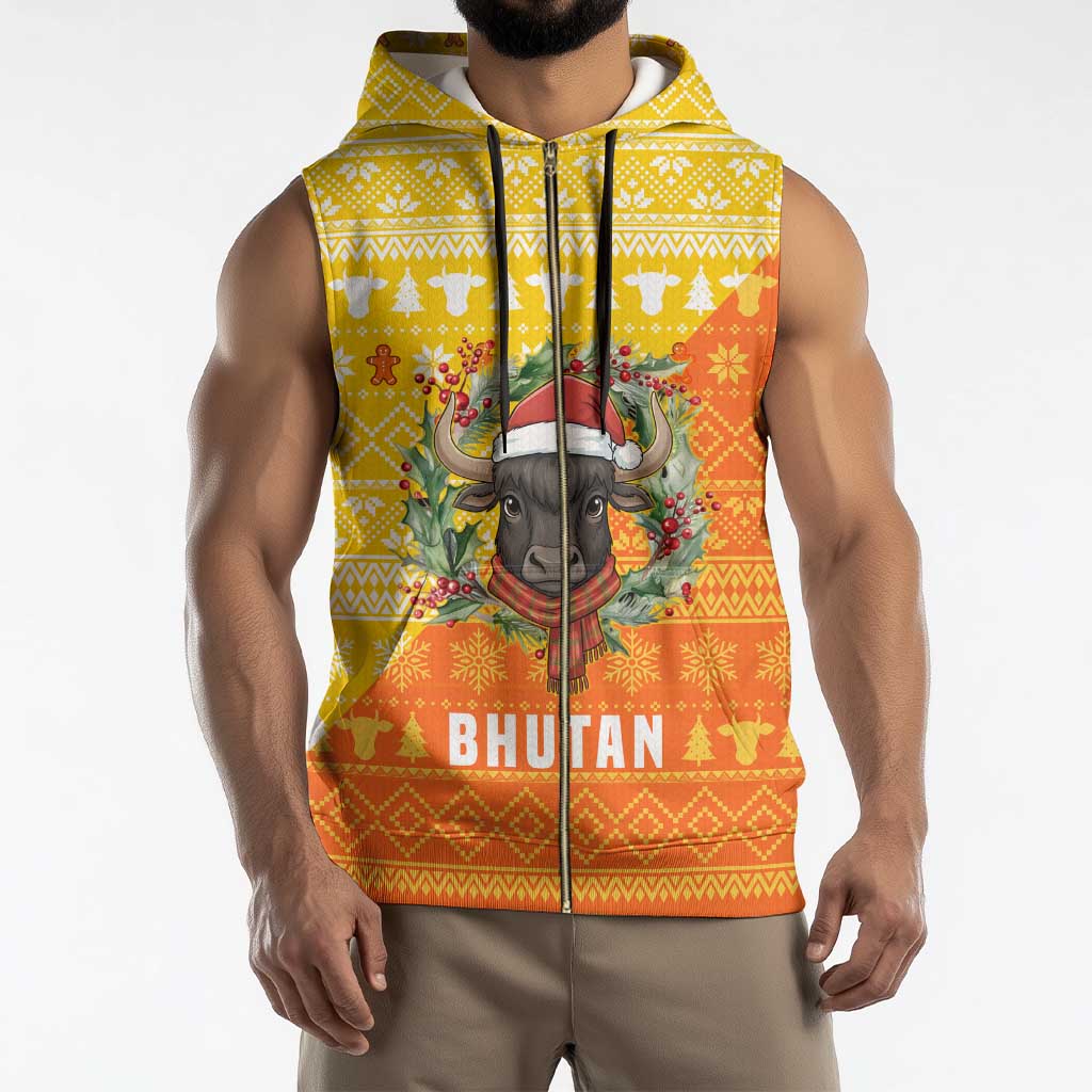 Bhutan Christmas Sleeveless Zip Hoodie with Takin Reindeer Antlers Santa Hat and Yellow Orange Holiday Pattern - Wonder Print Shop