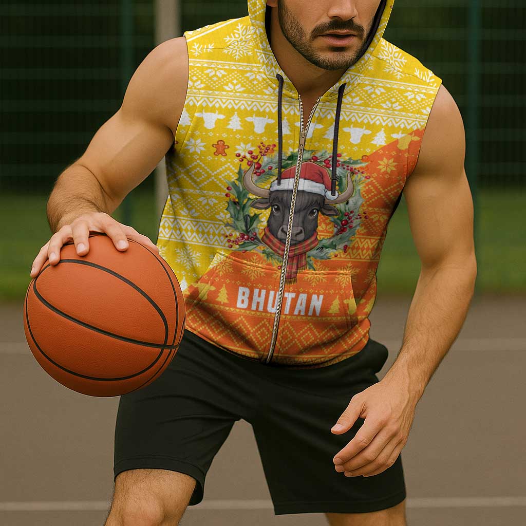 Bhutan Christmas Sleeveless Zip Hoodie with Takin Reindeer Antlers Santa Hat and Yellow Orange Holiday Pattern - Wonder Print Shop