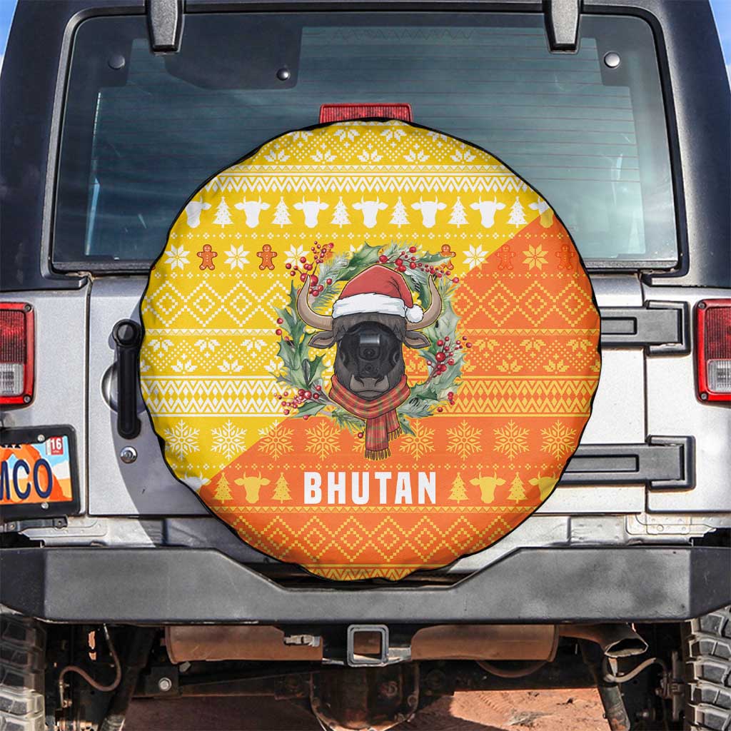 Bhutan Christmas Spare Tire Cover with Takin Reindeer Antlers Santa Hat and Yellow Orange Holiday Pattern - Wonder Print Shop