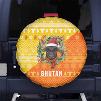 Bhutan Christmas Spare Tire Cover with Takin Reindeer Antlers Santa Hat and Yellow Orange Holiday Pattern - Wonder Print Shop