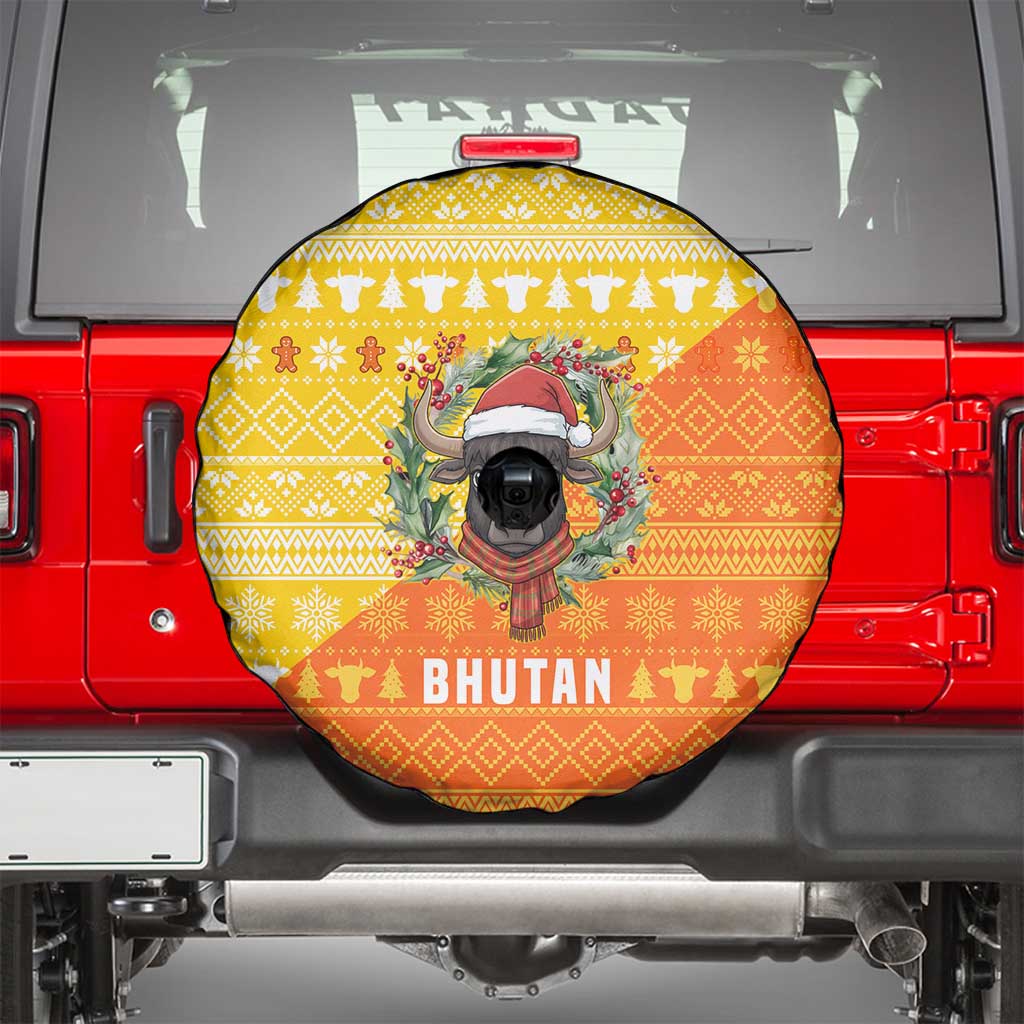 Bhutan Christmas Spare Tire Cover with Takin Reindeer Antlers Santa Hat and Yellow Orange Holiday Pattern - Wonder Print Shop