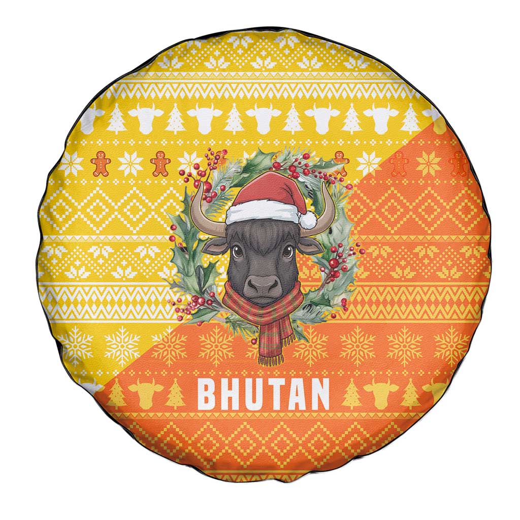 Bhutan Christmas Spare Tire Cover with Takin Reindeer Antlers Santa Hat and Yellow Orange Holiday Pattern - Wonder Print Shop