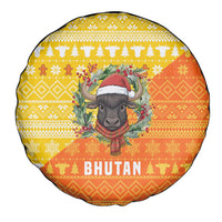 Bhutan Christmas Spare Tire Cover with Takin Reindeer Antlers Santa Hat and Yellow Orange Holiday Pattern - Wonder Print Shop