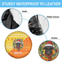 Bhutan Christmas Spare Tire Cover with Takin Reindeer Antlers Santa Hat and Yellow Orange Holiday Pattern - Wonder Print Shop