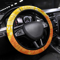Bhutan Christmas Steering Wheel Cover with Takin Reindeer Antlers Santa Hat and Yellow Orange Holiday Pattern - Wonder Print Shop