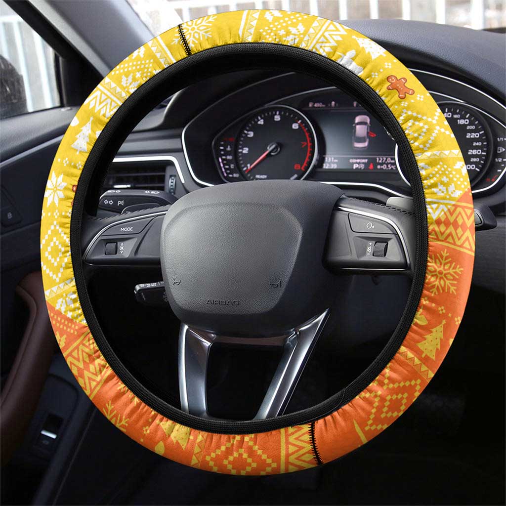 Bhutan Christmas Steering Wheel Cover with Takin Reindeer Antlers Santa Hat and Yellow Orange Holiday Pattern - Wonder Print Shop