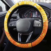 Bhutan Christmas Steering Wheel Cover with Takin Reindeer Antlers Santa Hat and Yellow Orange Holiday Pattern - Wonder Print Shop