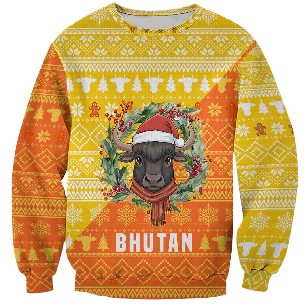 Bhutan Christmas Sweatshirt with Takin Reindeer Antlers Santa Hat and Yellow Orange Holiday Pattern - Wonder Print Shop