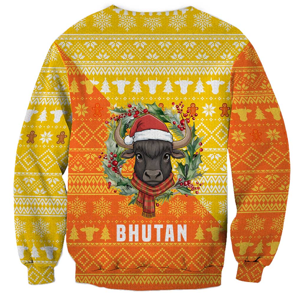 Bhutan Christmas Sweatshirt with Takin Reindeer Antlers Santa Hat and Yellow Orange Holiday Pattern - Wonder Print Shop