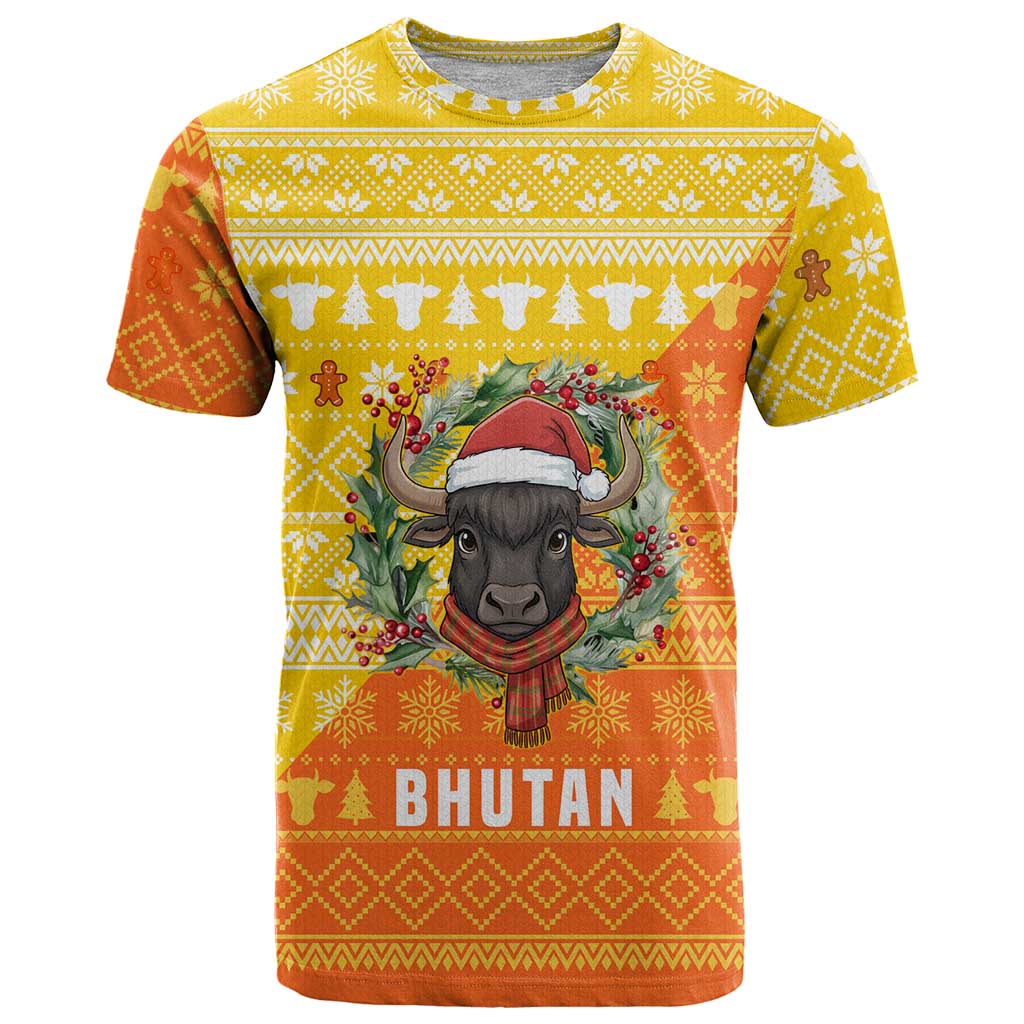 Bhutan Christmas T Shirt with Takin Reindeer Antlers Santa Hat and Yellow Orange Holiday Pattern - Wonder Print Shop