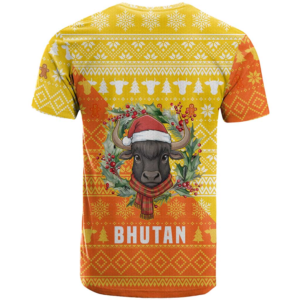 Bhutan Christmas T Shirt with Takin Reindeer Antlers Santa Hat and Yellow Orange Holiday Pattern - Wonder Print Shop