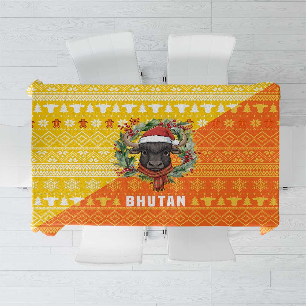 Bhutan Christmas Tablecloth with Takin Reindeer Antlers Santa Hat and Yellow Orange Holiday Pattern - Wonder Print Shop