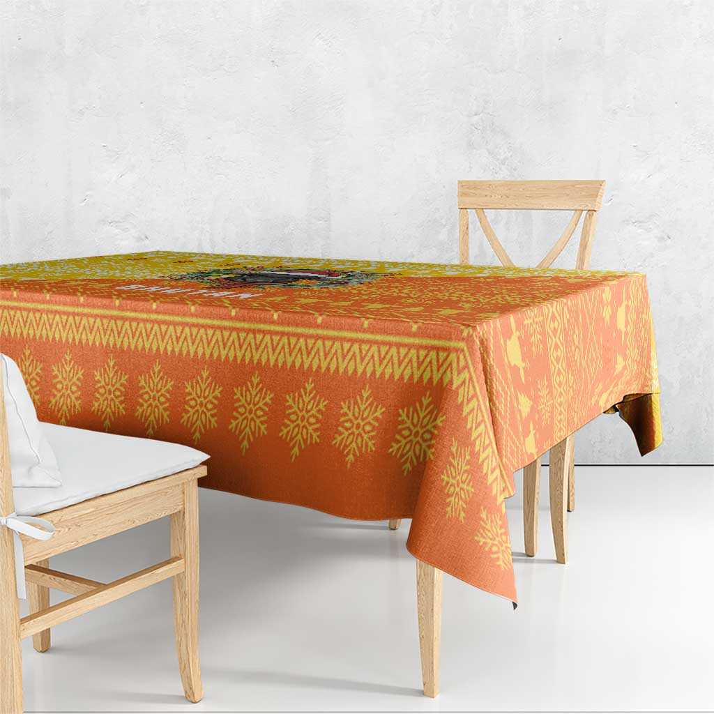 Bhutan Christmas Tablecloth with Takin Reindeer Antlers Santa Hat and Yellow Orange Holiday Pattern - Wonder Print Shop