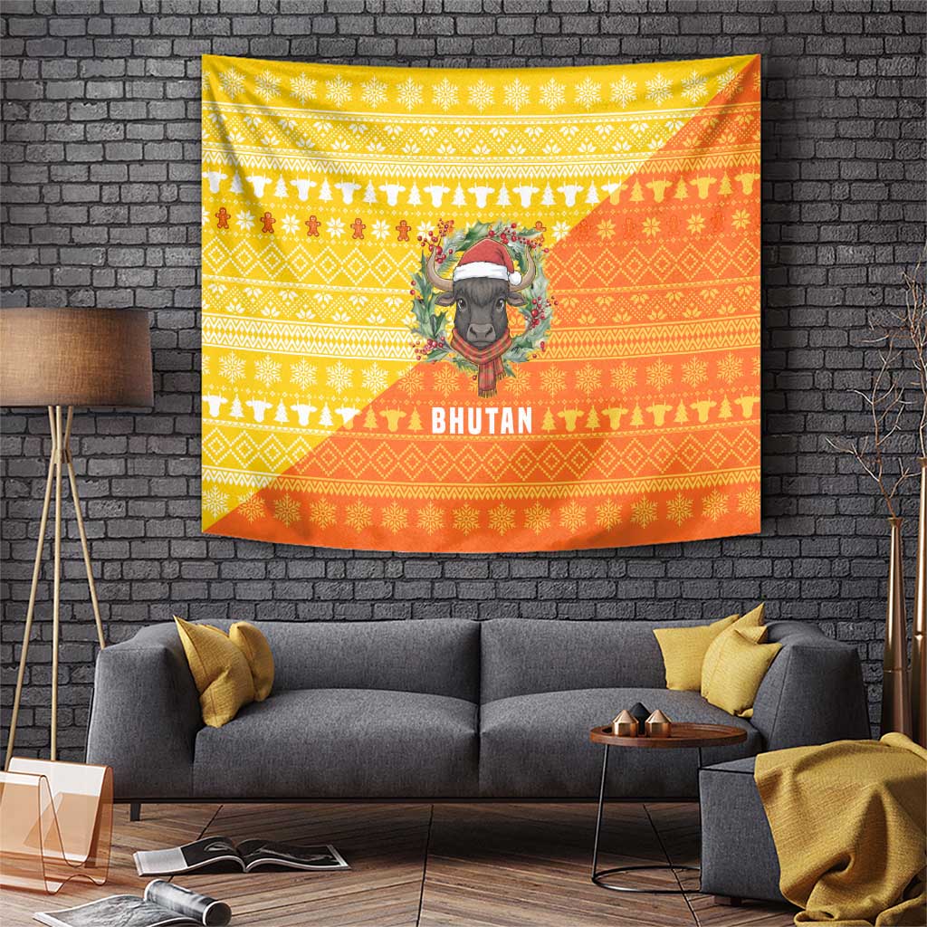 Bhutan Christmas Tapestry with Takin Reindeer Antlers Santa Hat and Yellow Orange Holiday Pattern - Wonder Print Shop